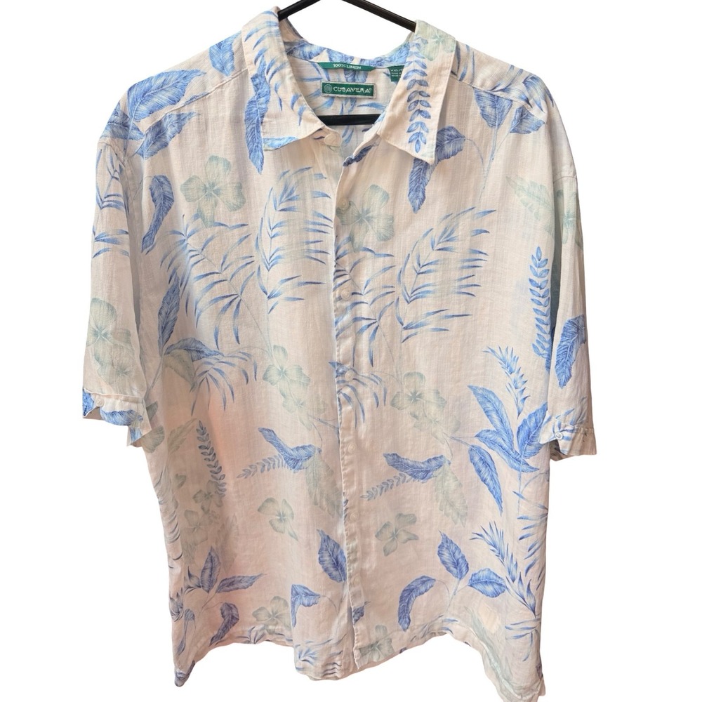 Cubavera 100% Linen Tropical Hawaiian Camp Shirt XXL Blue Floral Leaf Print